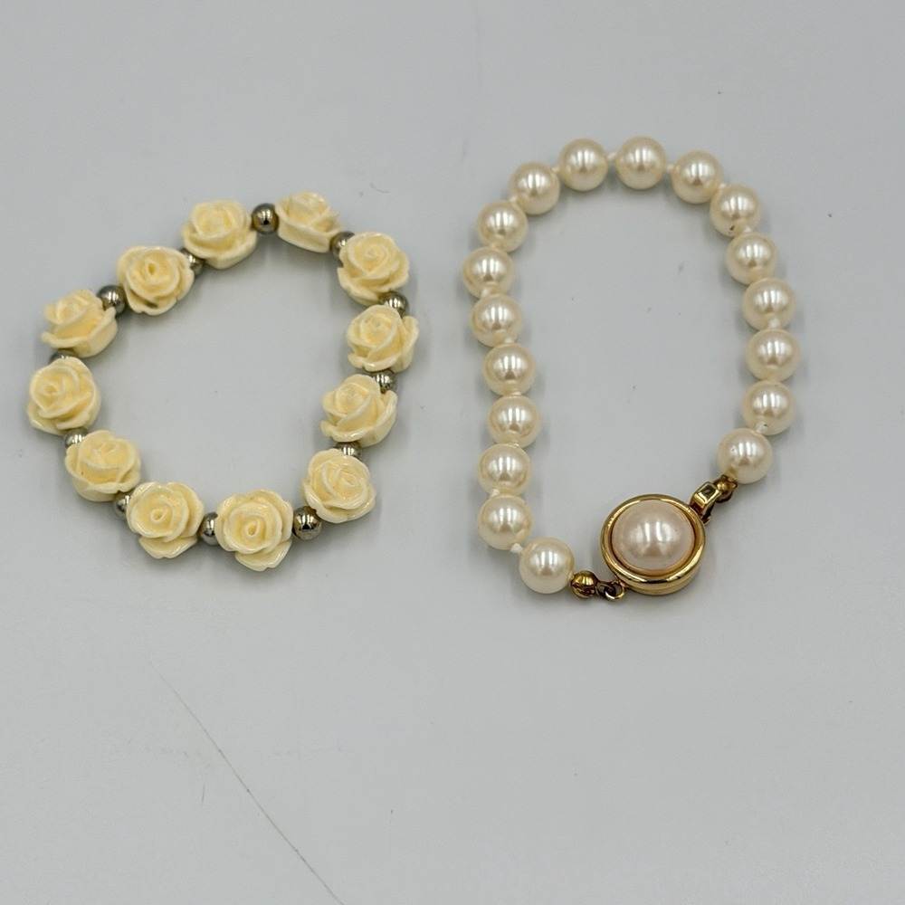 VTG Faux Pearl & Rose Bracelet Set Romantic Cottagecore Coquette Jewelry Gift